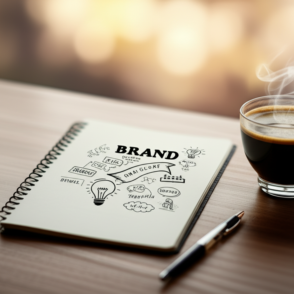 Caderno com esboços de nomes para marca